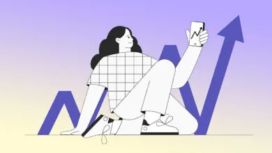 Online investment with mobile phone concept. Investment, stock trading app isolated metaphor. Analytical service and business promotion concept. Young woman holds a phone, Modern flat outline style.