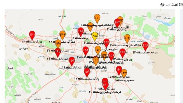 وضعیت قرمز آلودگی هوا در ۱۴ منطقه تهران + نقشه میزان آلودگی در مناطق